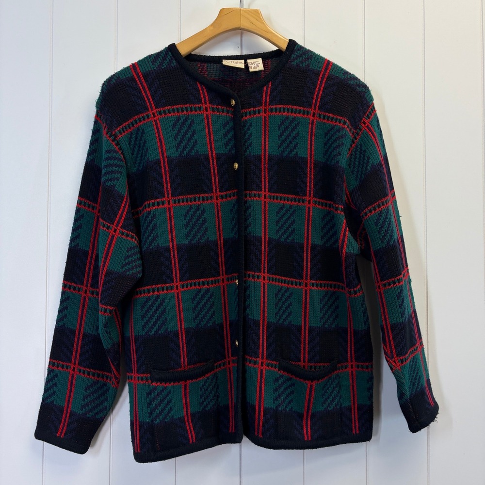 Vintage CC Hughes Dark Academia Tartan Plaid Cardigan Sweater Women Large Retro